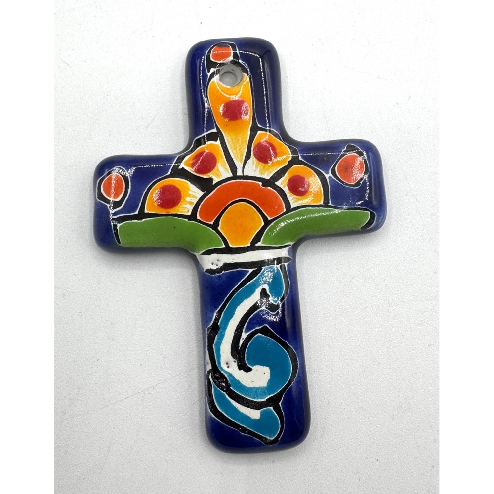 Mexican Talavera Pottery Wall Cross Hand Painted Floral Folk Art Blue - Picture 6 of 6